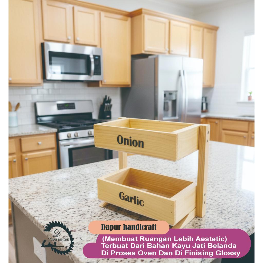 Rak Bawang 2 Susun Kayu  Gratis Stiker Bumbu Dapur Unik  Fernis
