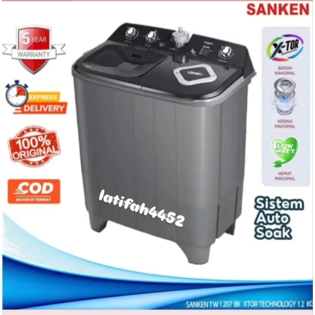 Mesin cuci 2 tabung  SANKEN  12 KG TW 1207 XTOR technology Super Spin dry Hijab seris