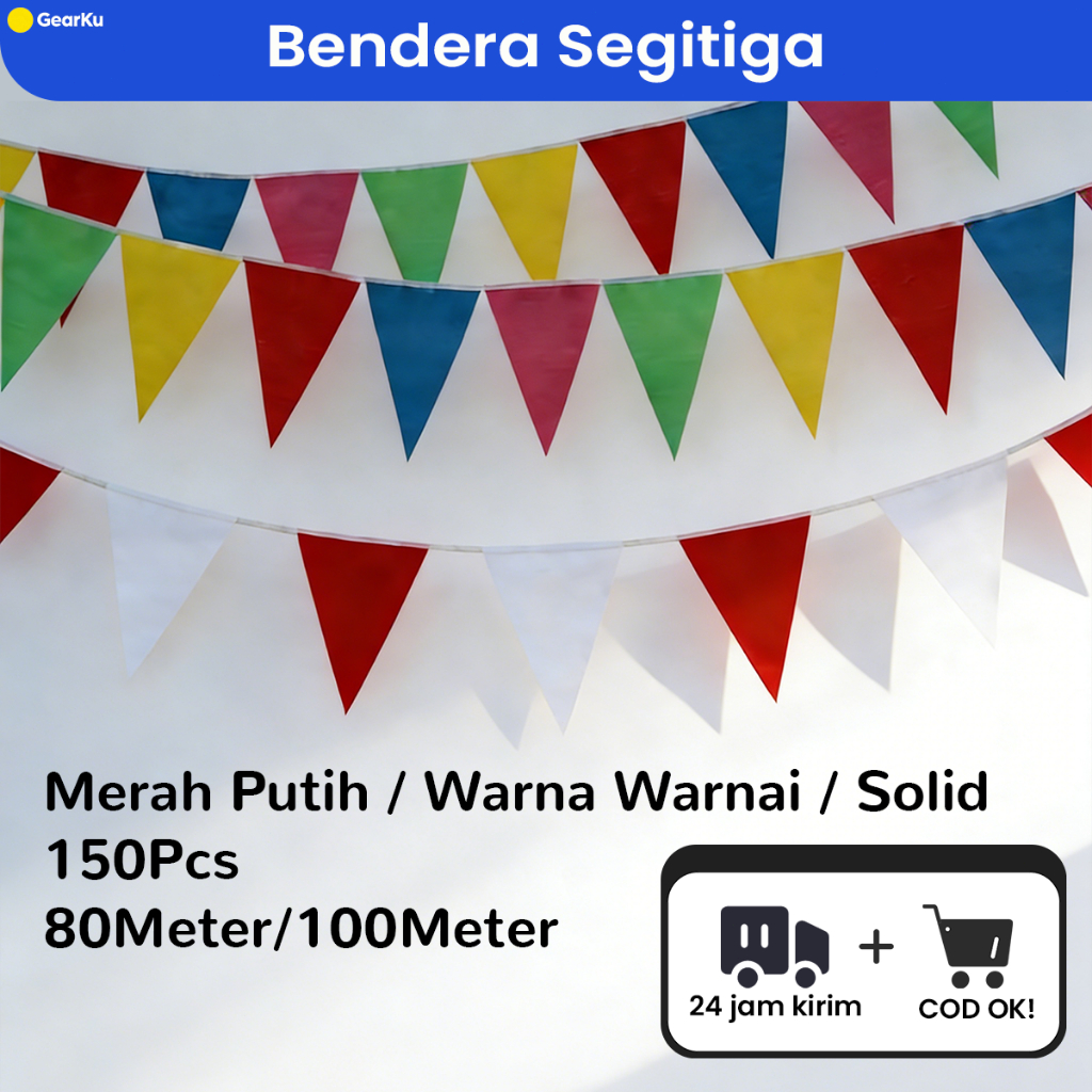 150Pcs Bendera Segitiga Warna Warni/Bunting Flag/Bendera Segitiga-Warna Warnai / Merah Putih / Solid