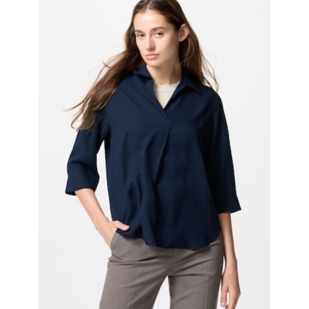 UNIQLO NAVY RAYON V NECK BLOUSE