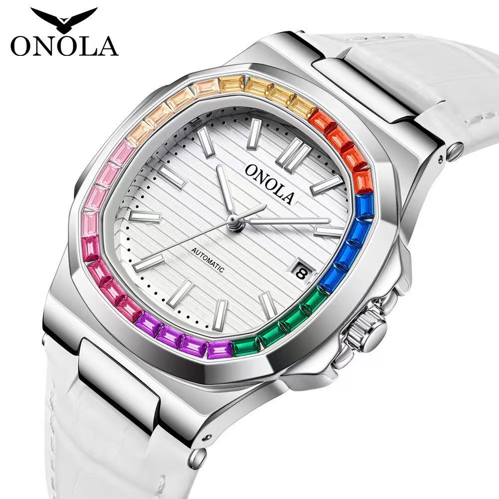 ONOLA Rainbow Diamond Watch Men's Cow Belt Waterproof Quartz Watch