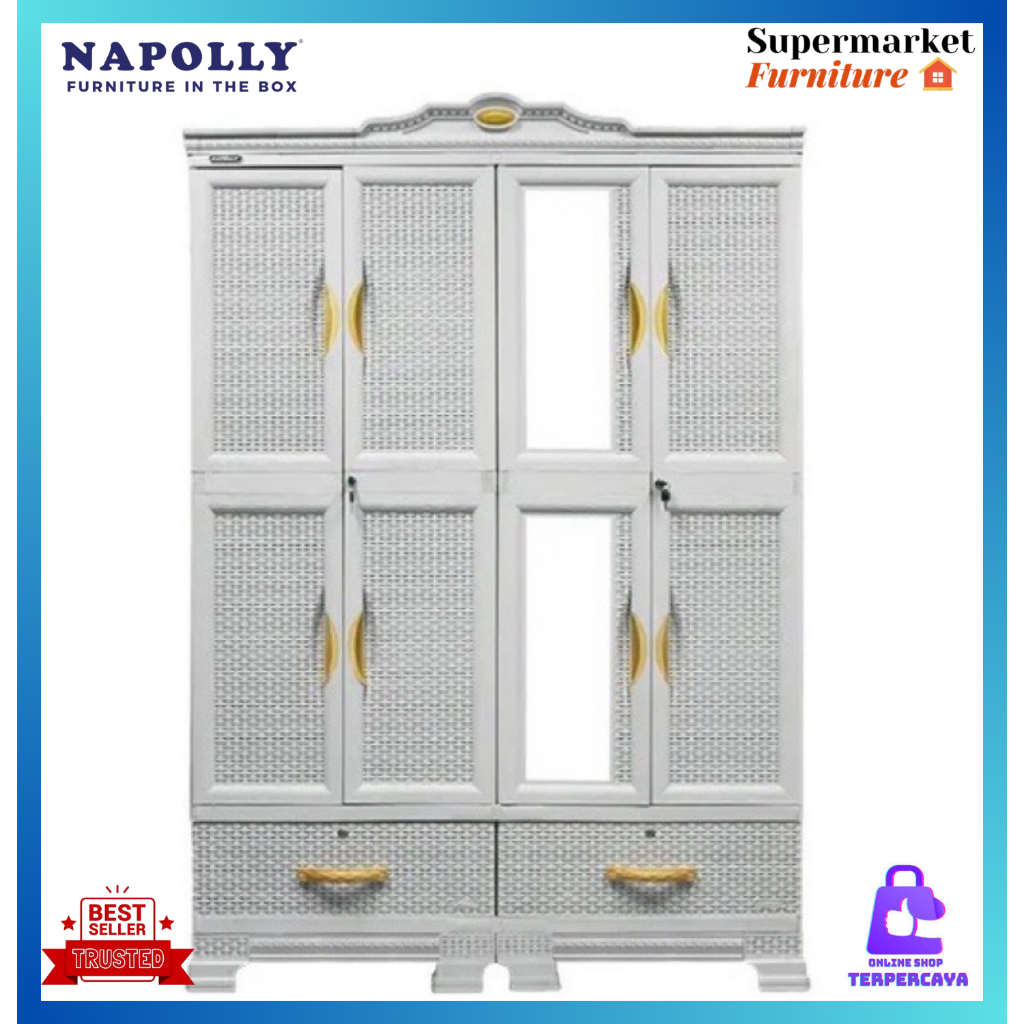 LEMARI PLASTIK NAPOLLY 4 PINTU CABRO 466 22.DK GANTUNGAN ROTAN CERMIN PUTIH CERMIN