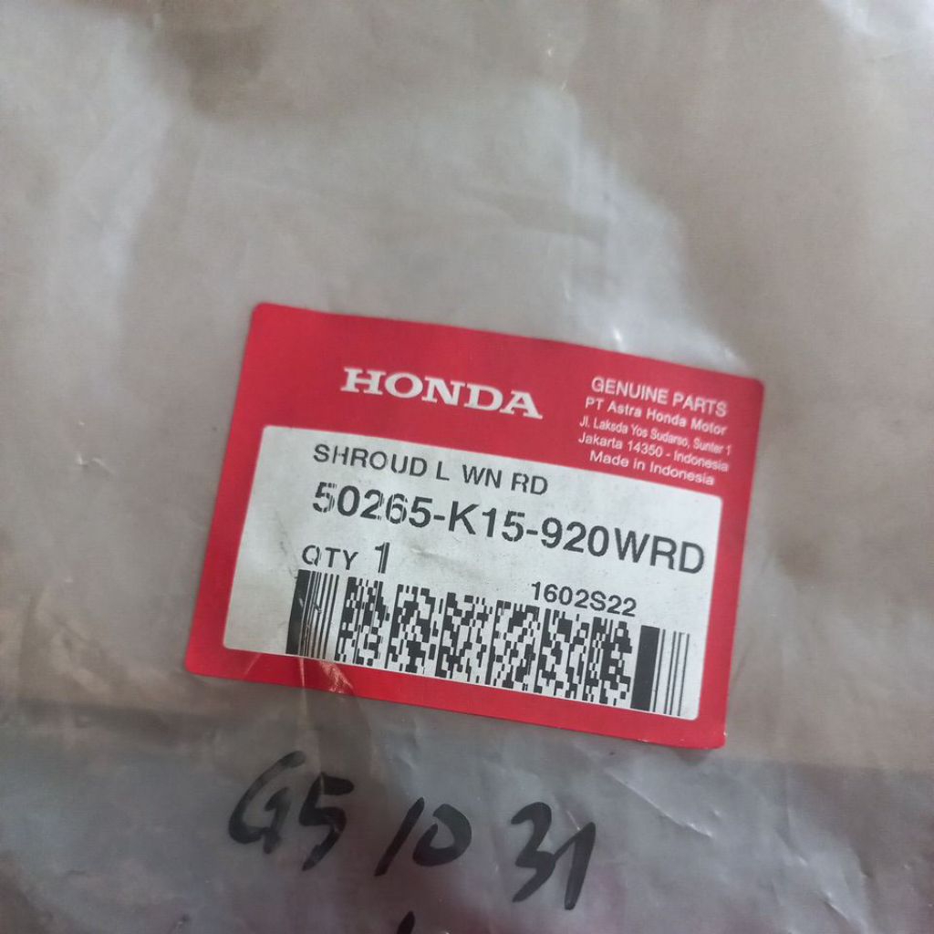 50265K15920WRD – SHROUD L (WN RD), COVER BODI DEPAN MERAH CB 150R NEW ORI AHM