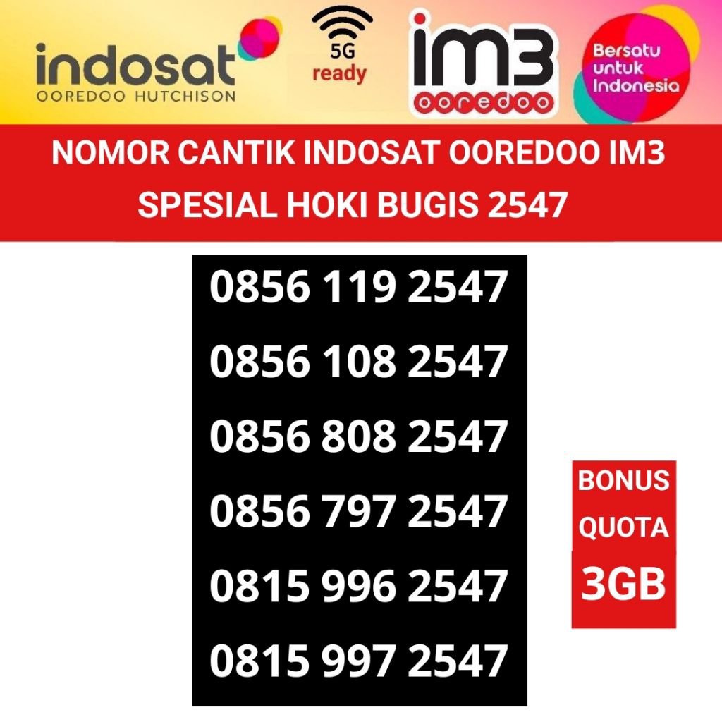 hoki bugis 2547 Indosat ooredoo im3 11 digit nomor cantik nomer kartu perdana 3GB freedom internet