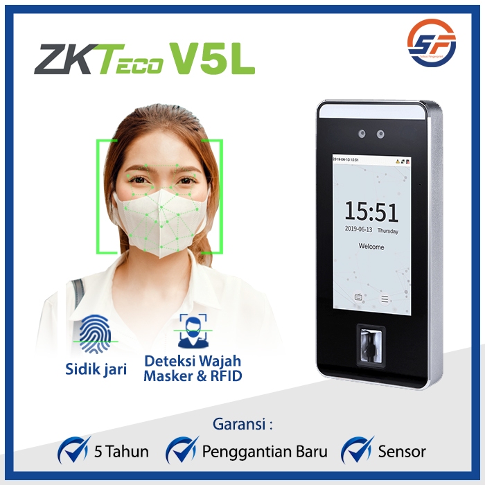 ZKTECO V5L Mesin Absensi Fingerprint SpeedFace V5L-P RFID Mifare 13.56 Mhz Garansi Free Lisensi