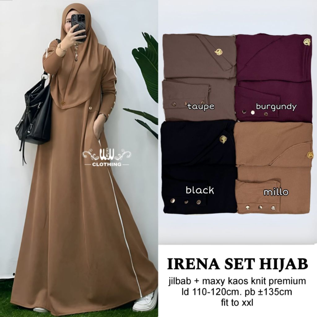 BAJU MUSLIM WANITA IRENA SET HIJAB BAJU WANITA KEKINIAN TERMURAH ORI SOLO GAMIS SET HIJAB TERBARU GA
