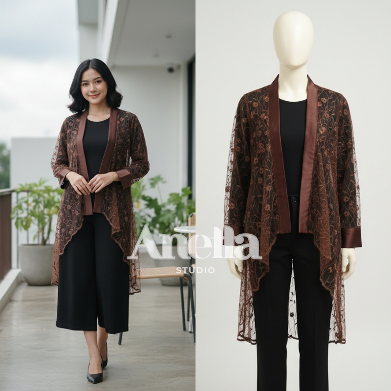 Anetta Studio - Kimono Outer Lace Flow Brukat Mahogany Brokat Wanita Kondangan Luaran Blazer Outer V