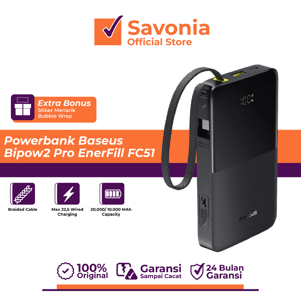 Baseus Bipow2 Pro EnerFill Power Bank 22.5W – PowerBank Digital Display Build-in Cable Type-C (Banda