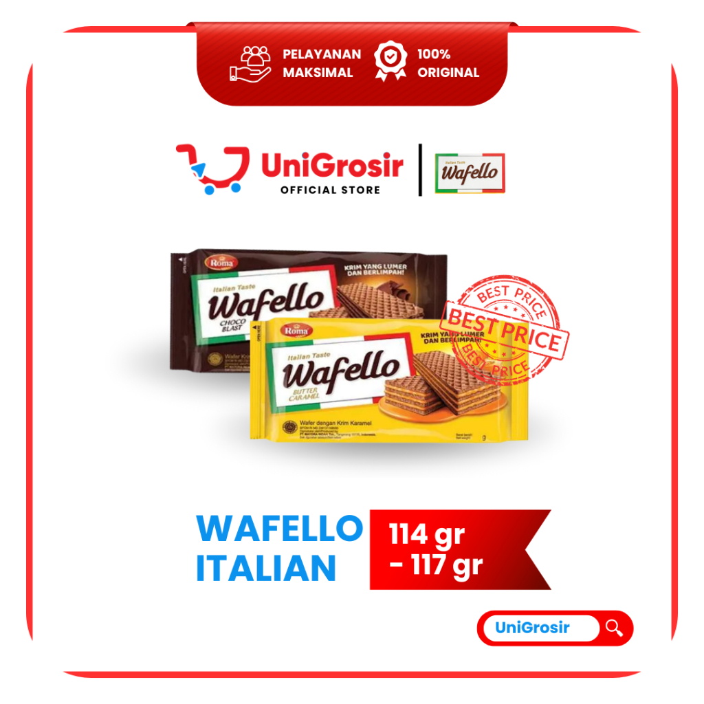 [UniGrosir] WAFELLO ITALIAN TASTE WAFER BITTER CARAMEL CHOCO COKLAT CAMAREL ~ 114 gr CHOCO  117 gr C