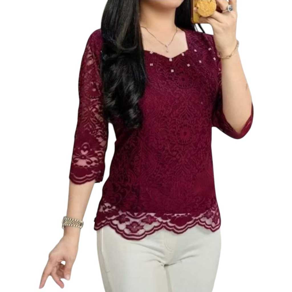 Pluus_ATASAN BLUS BROKAT/Atasan Brokat TANGAN LURUS/BLOUSE WANITA SEMI PRANCIS LENGAN PANJANG