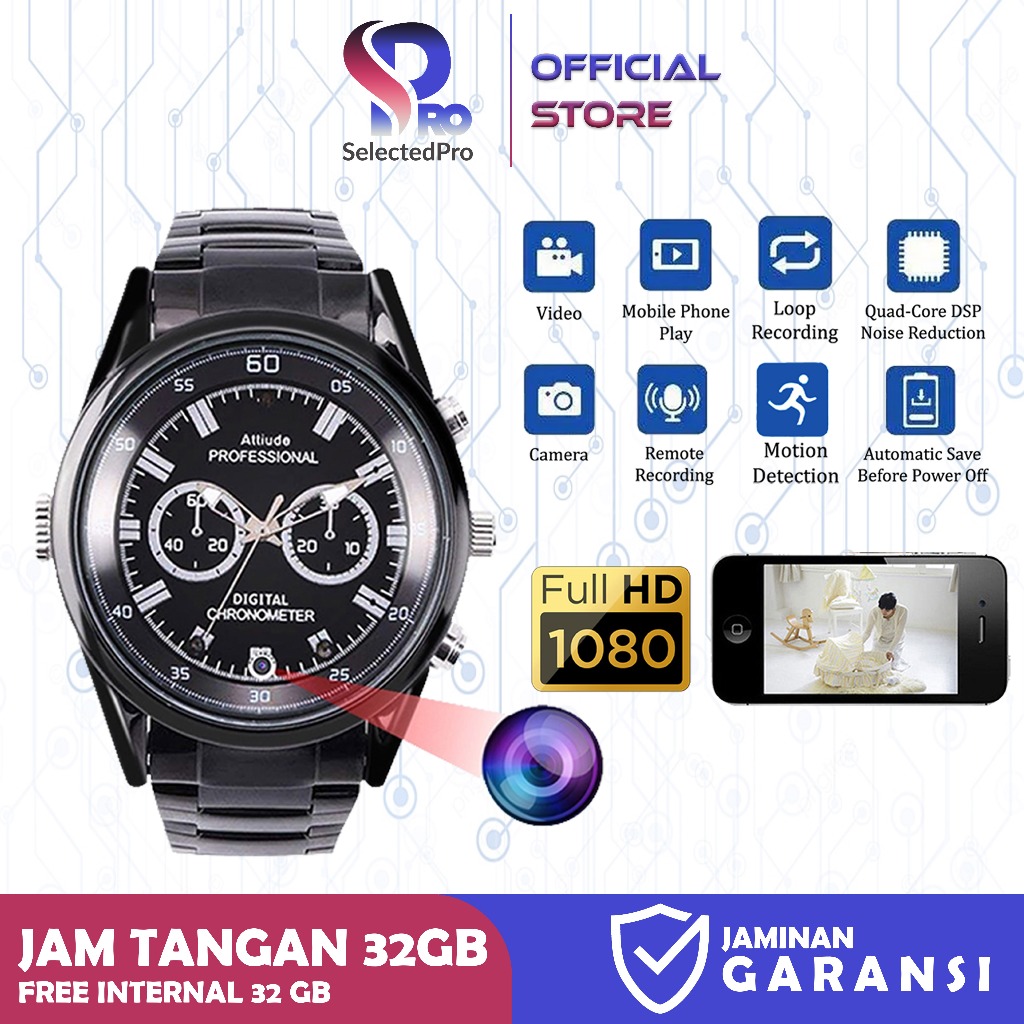 SelectedPro Spy Camera Mini Jam Tangan 32GB 1080P Waterproof 32GBWATCH-STAN Spycam Kamera Watch Pere