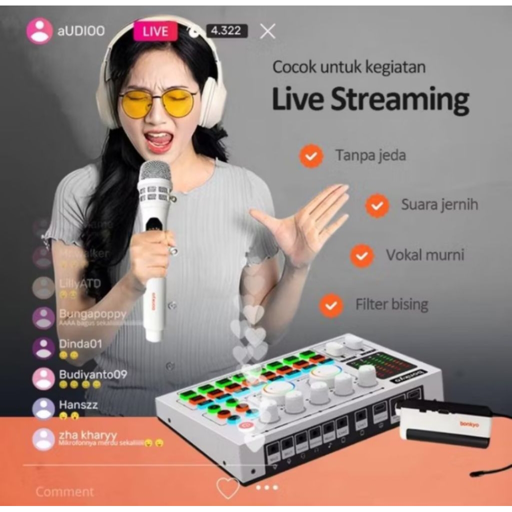 Alat Karaoke Karaokean Jualan Live Sosmed Sound Card Mixer Audio Bluetooth dan Mic Wireless Micropho