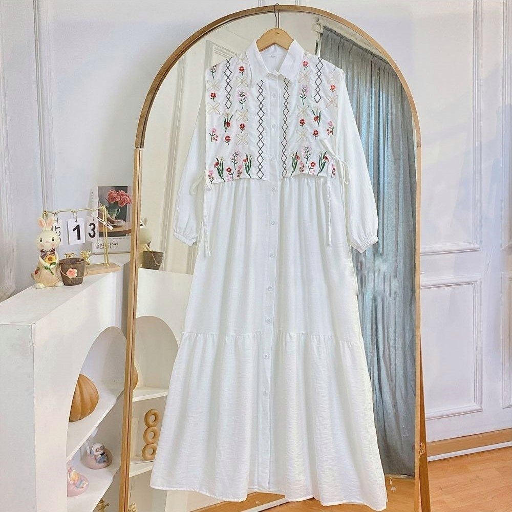 Azizah Dress Polo Linen Mix Bordir S L XL XXL XXXL - LD 130 120 110 - Gamis Wanita Jumbo