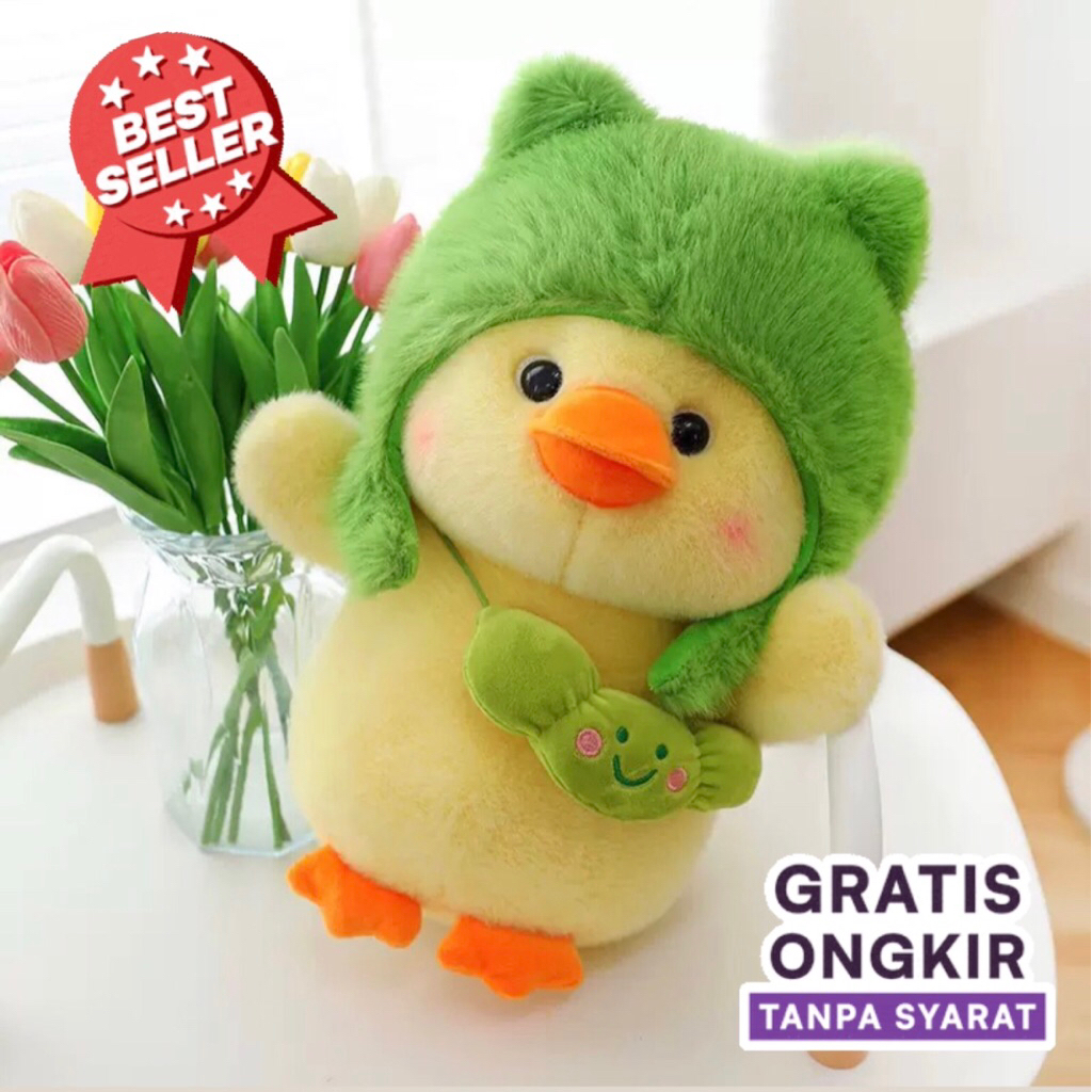 Boneka Bebek Lucu Pakai Topi Katak | Boneka Plush Bebek Imut | Kado Anak & Pacar | Boneka Viral