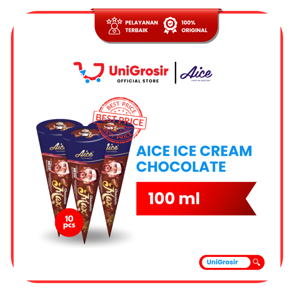 [UniGrosir] AICE ICE CREAM CHOCOLATE MAX CONE  ES KRIM COKLAT ~100 ml x 10 pcs