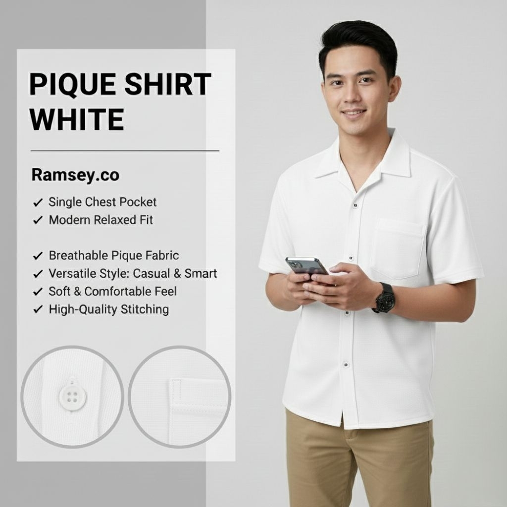 Ramsey. Co-Kemeja Pria Dewasa,Warna Putih-Pique Premium Lengan Pendek – Bahan Adem Tidak terawang Ca