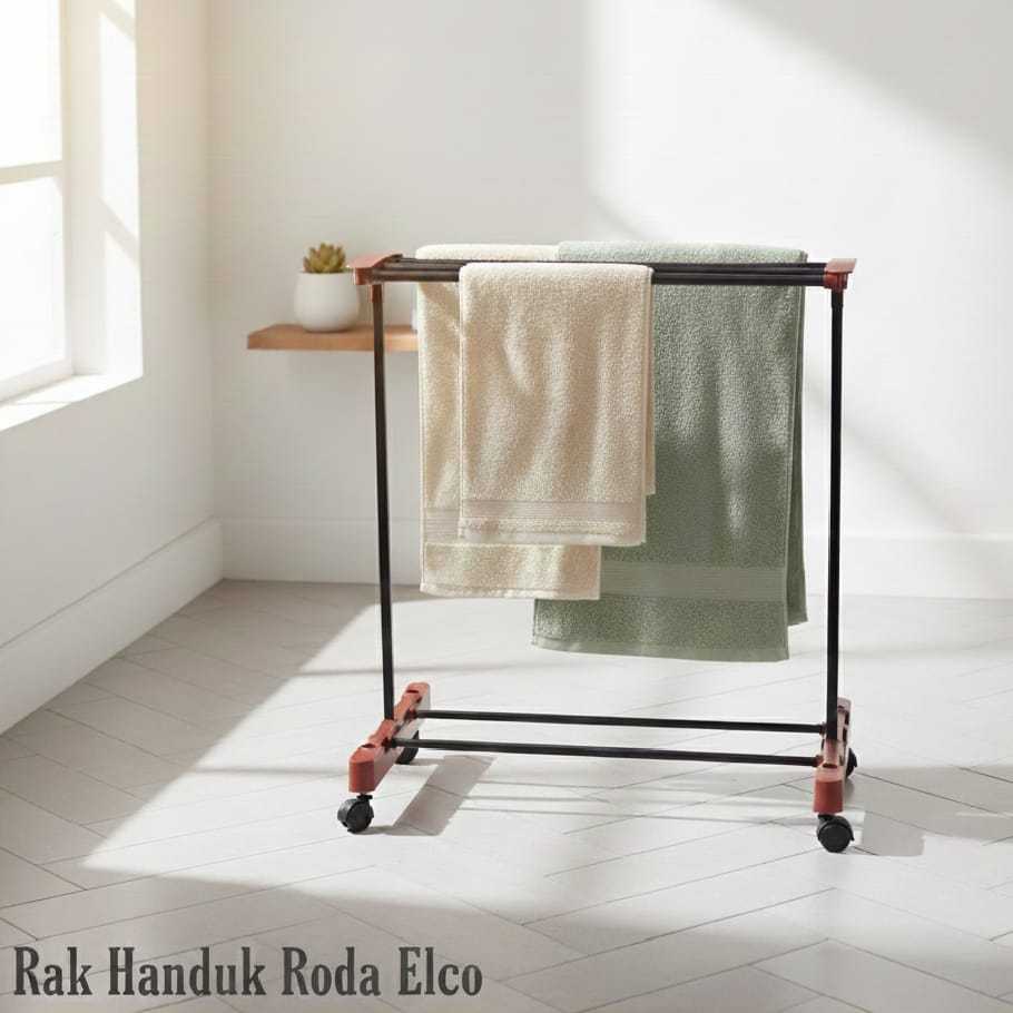 Rak Handuk Roda Elco Minimalis – Jemuran Handuk Portable Anti Karat & Kokoh