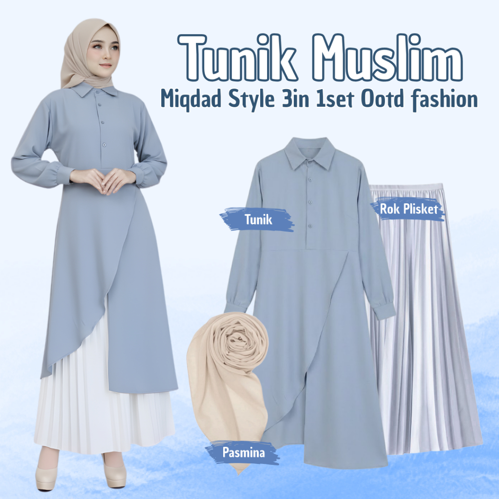 1 Set Tunik Miqdad Muslim Style 3in 1Set (Pasmina+Tunik+Rok Plisket) Kekinian Fashion Remaja