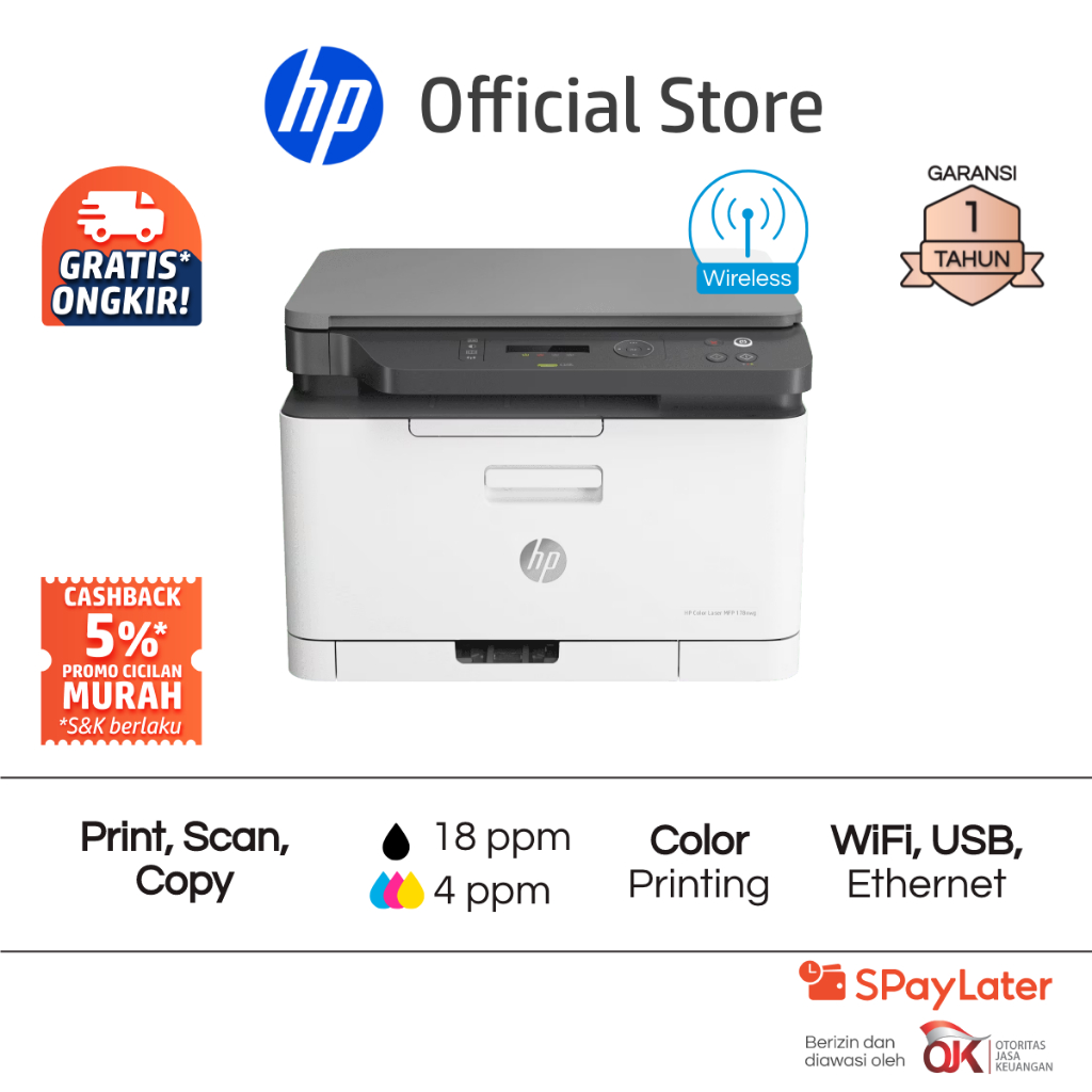 Printer HP Laser MFP 178nw All in One Print Scan Copy Wireless Wifi USB Color Colour Warna Garansi 1