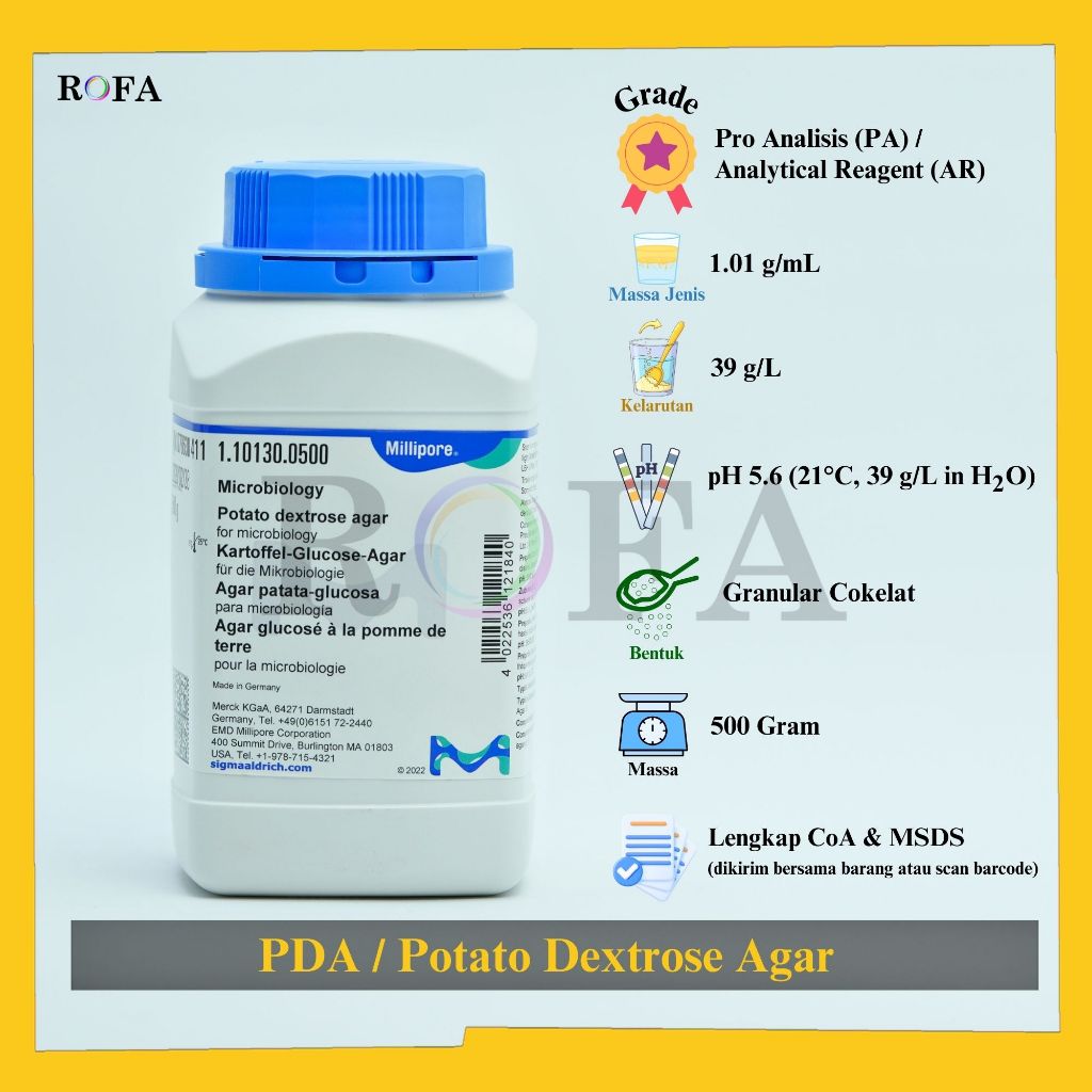 PDA / Potato Dextrose Agar / Media Kultur Mikrobiologi Pro Analisis 500 Gram