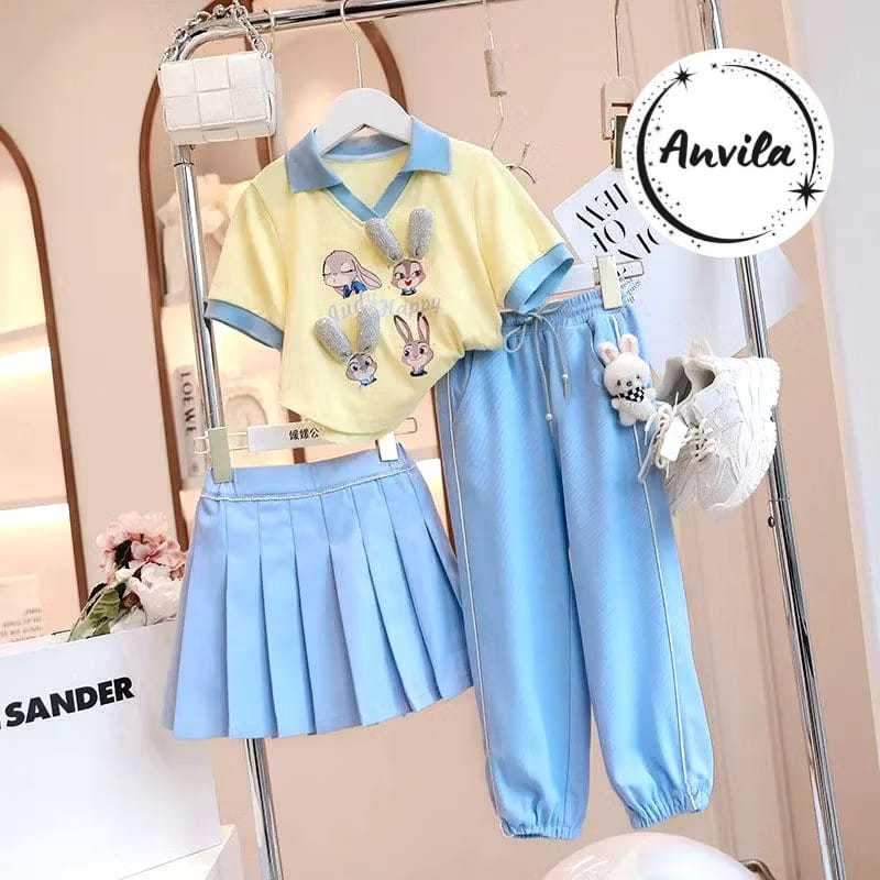 Setelan Anak Perempuan Import Variasi Setelan Rok Plisket dan Setelan Celana Rabbit Cute Kekinian