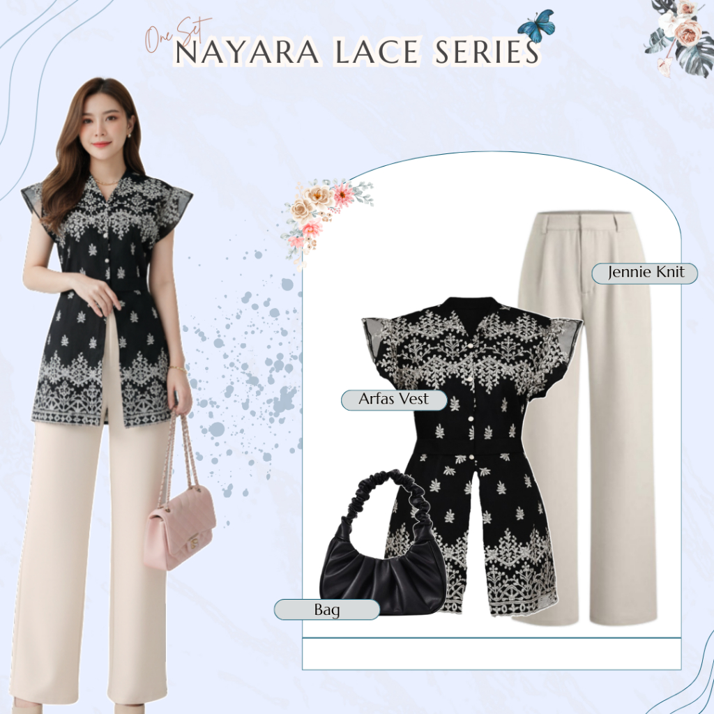 One Set Ootd Kondangan || Outfit Kekinian - Outer Brukat Arfas Vest Kebaya Hitam + Jennie Knit  Ivor
