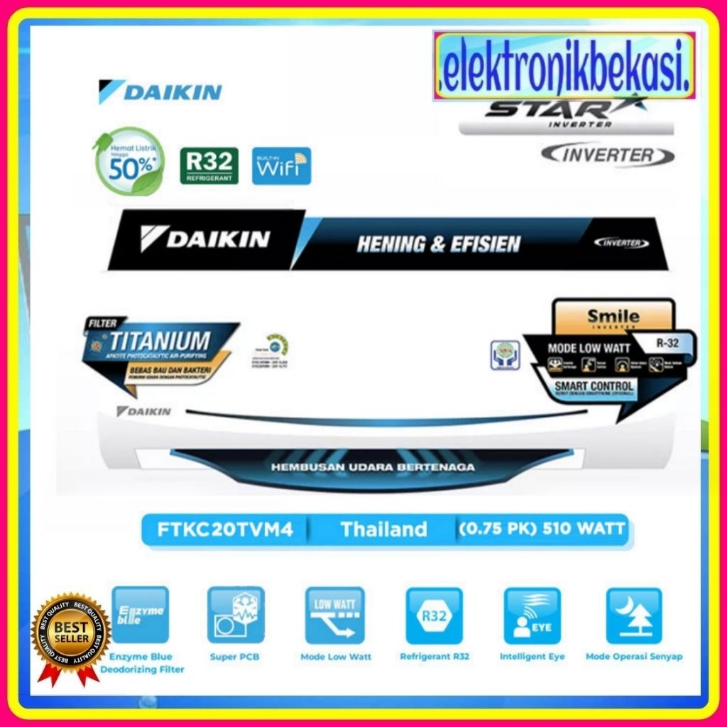 DAIKIN AC INVERTER STAR FTKC 20 TVM 4 / AC DAIKIN FTKC 20TVM4 THAILAND INVERTER STAR 3/4 PK
