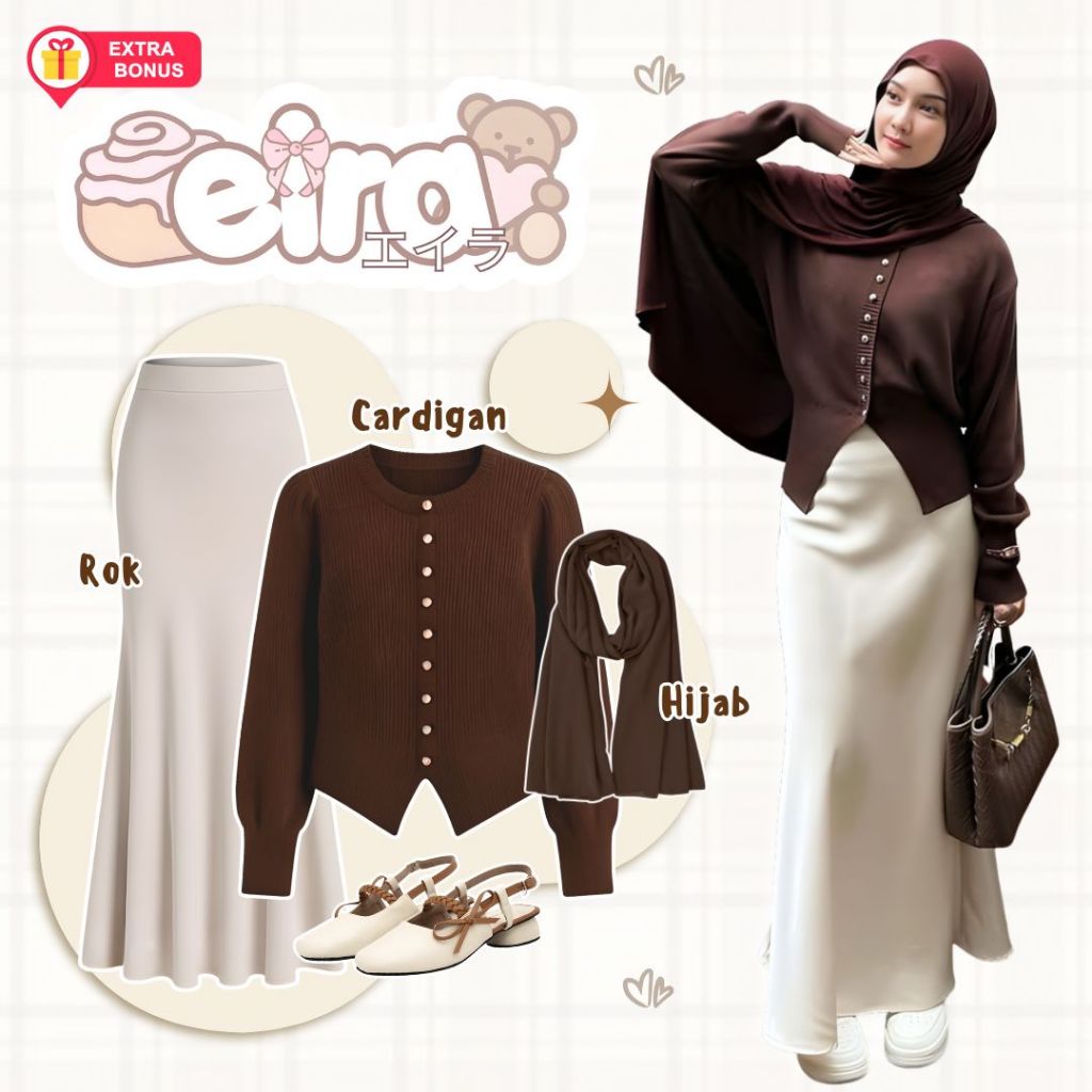 oneset 3in1 cardigan + rok duyung + hijab pasmina jersey | ootd outfit cewek wanita anak perempuan r