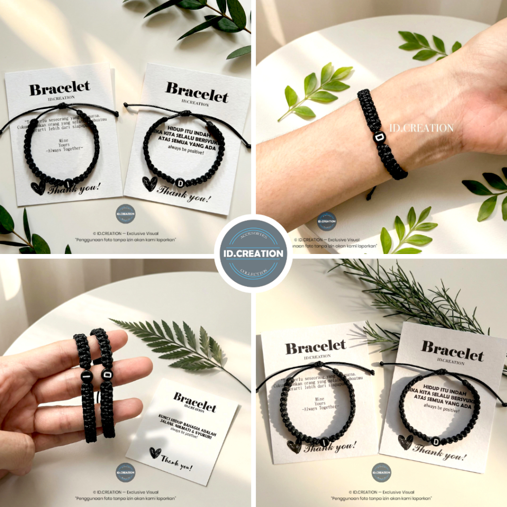 Gelang Couple Inisial Huruf Manik Bulat - Tali Korea 1mm Anyam Hitam (2 Pcs)