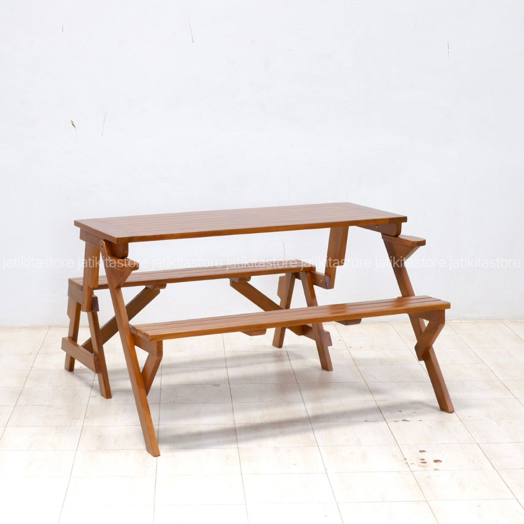 Bangku Lipat Magic Kayu Jati Solid - Bisa Jadi Kursi & Meja Multifungsi Minimalis Custom Warna Finis
