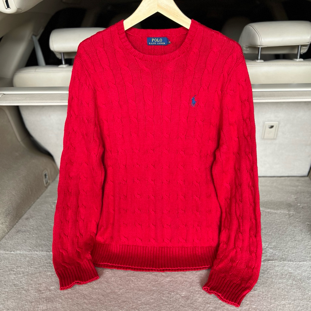 Sweater Polo Ralph Lauren Cableknit Rajut Full Kepang Lava Red