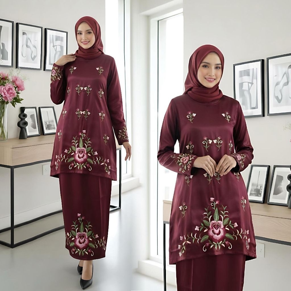 Setelan Baju Kurung Basiba Tunik Melayu Bordir Rok Pinggang Karet