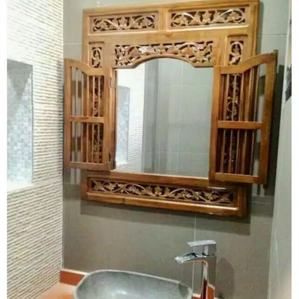 Cermin jendela 2 pintu minimalis polos hiasan dinding ukir kaca ukiran kayu jati Jepara murah pahat 