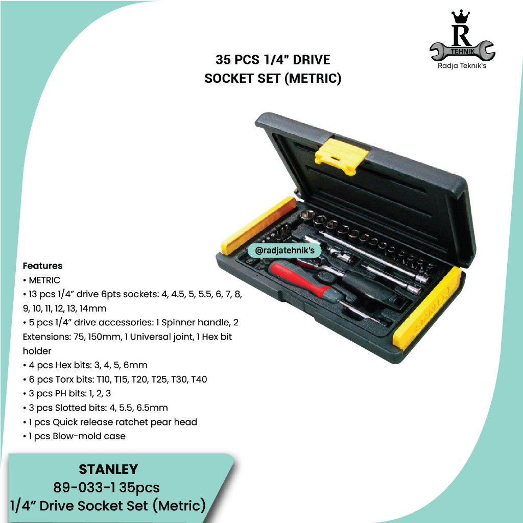 STANLEY  89-033-1 35 pcs 1/4” Drive Socket Set (Metric)  Kunci Socket  Kunci Shock Set Original Stan