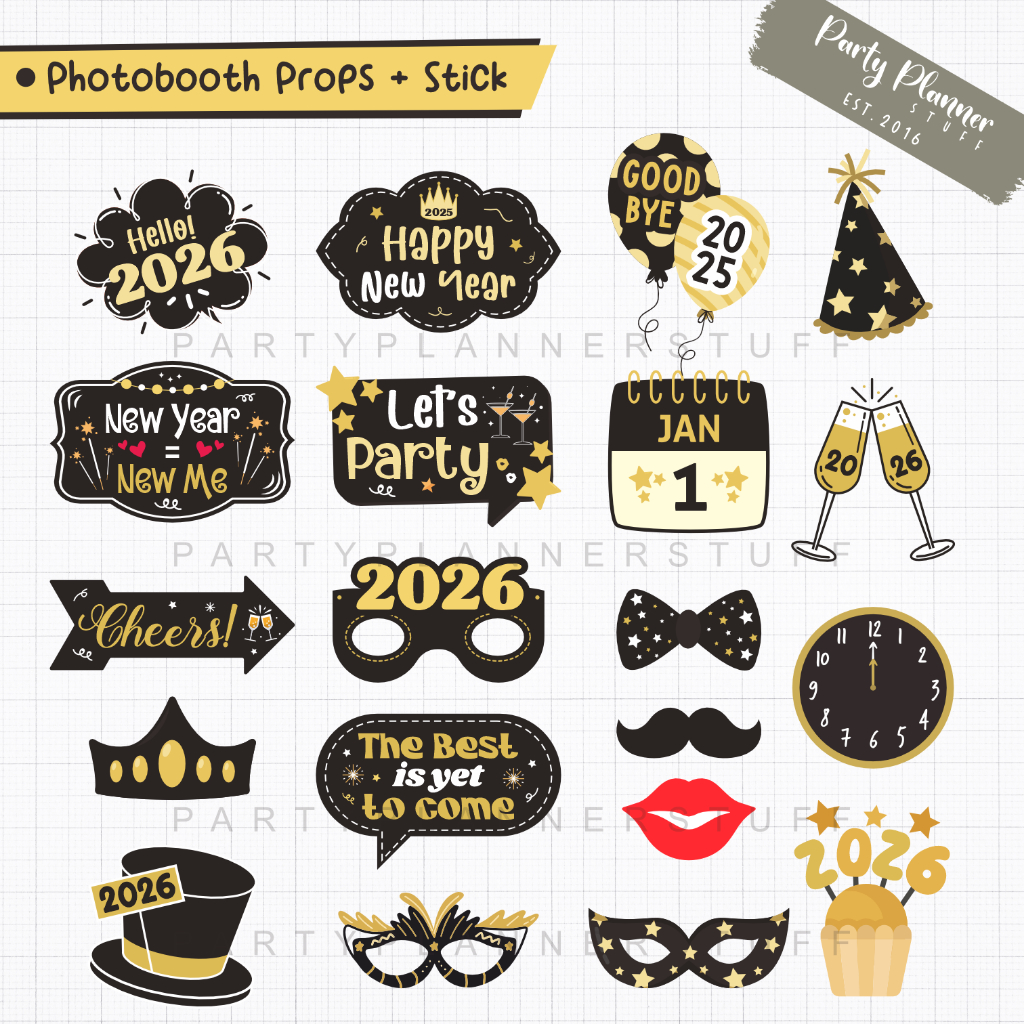 Fun props happy new year / stik foto aksesoris tahun baru / photo props new year eve / photobooth pr