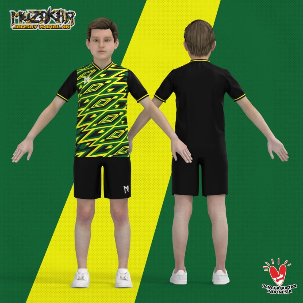 Muzakar Jersey Setelan stelan kids anak anak premium motif petir geometris warna hijau kuning