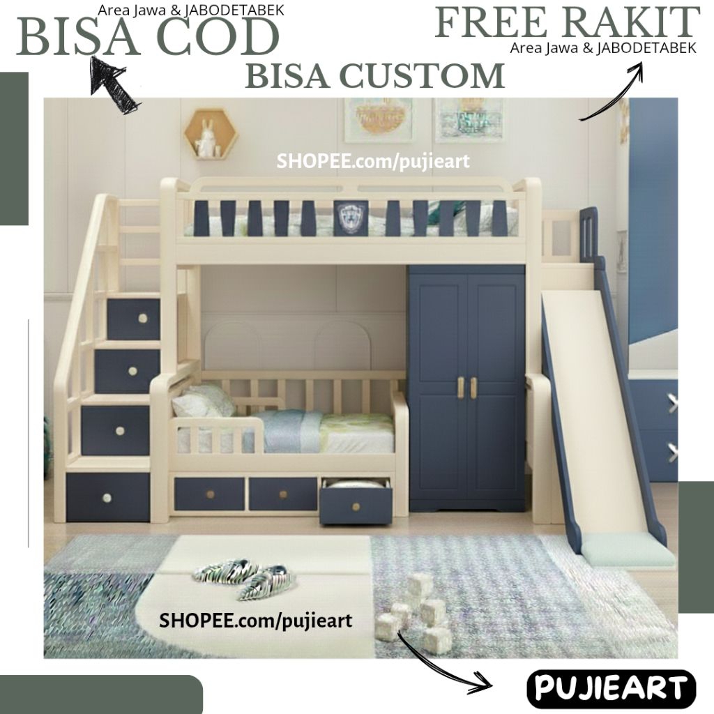 Kasur Tingkat Anak Kayu Solid + Almari Perosotan