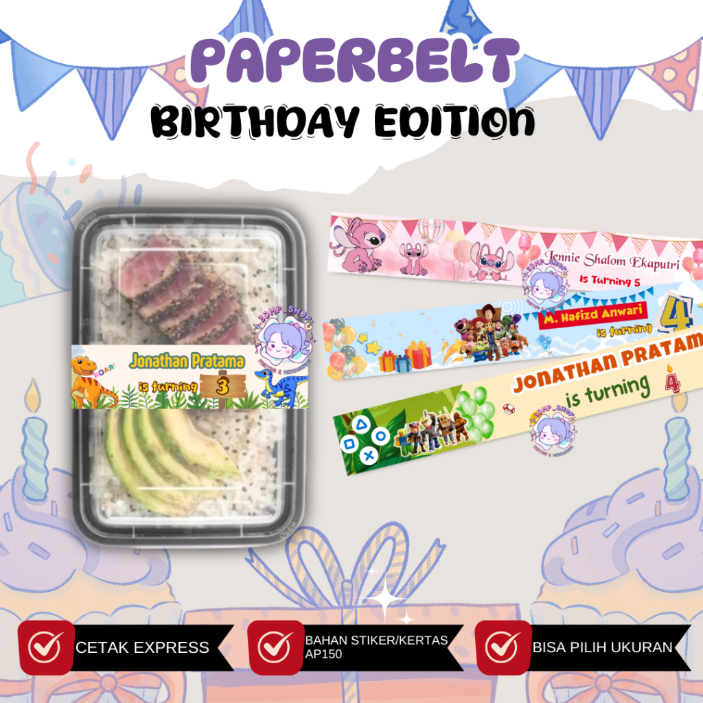 Paperbelt Kertas Stiker Paper Belt Bento Ulang Tahun Happy Birthday Custom Request Nasi Box Hampers 