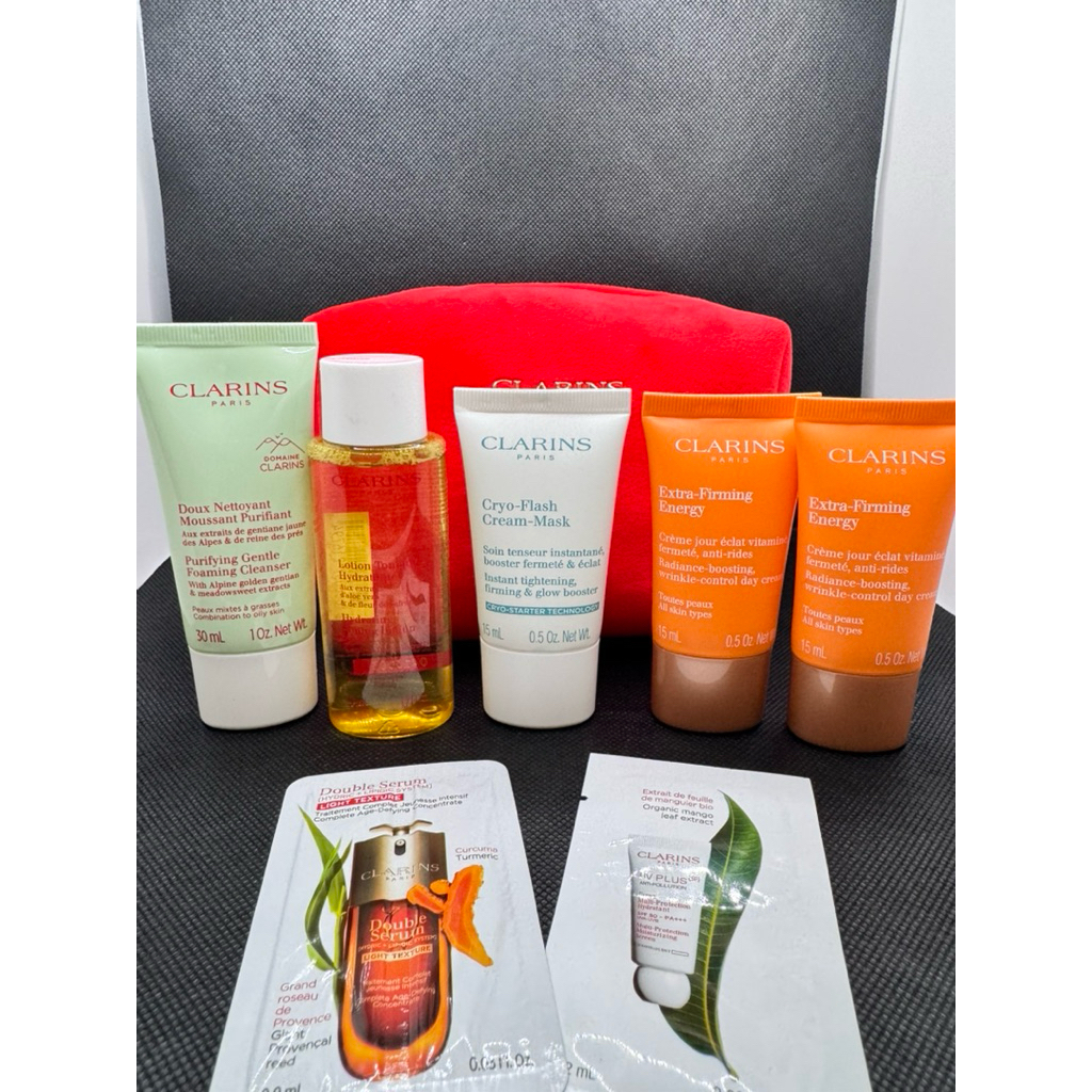 travel size skincare (Clarins) free makeup pouch bludu