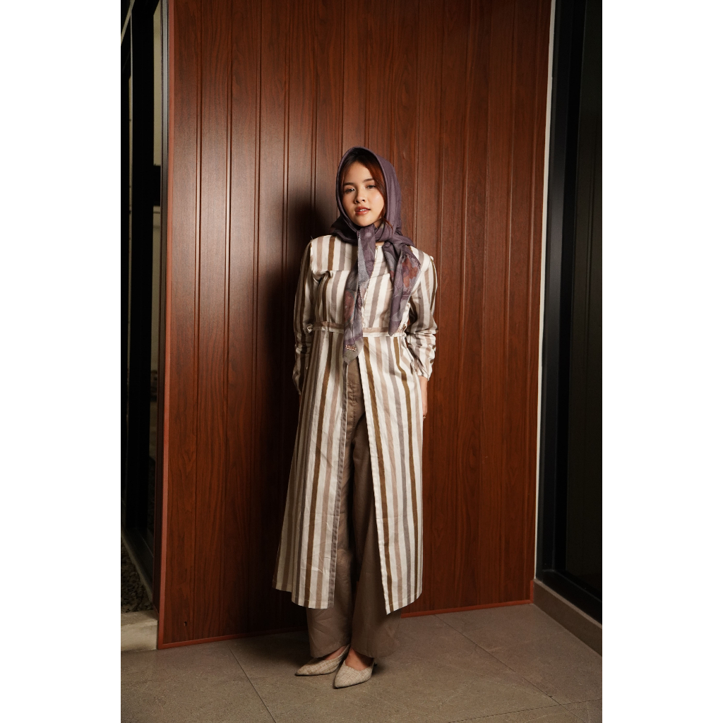 Missty Gamis Dress Warna Putih Ungu One Set Celana Panjang Warna Ungu Motif Garis BEST SELLER (RS 01