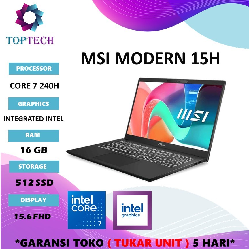 LAPTOP MSI MODERN 15H CORE I7 240H RAM 16GB SSD 512GB W11+OHS 15.6FHD IPS BLIT