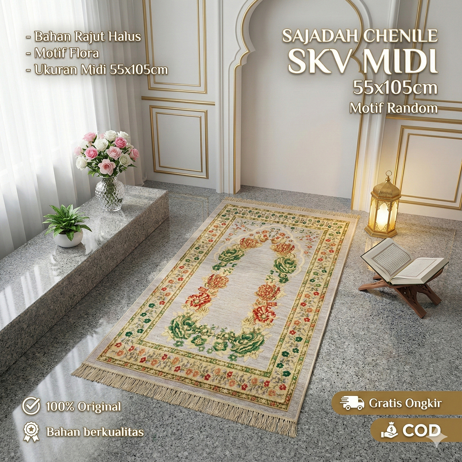 Sajadah Turki Travel Rajut SKV 10Pcs/20Pcs Ukuran 55x105Cm Midi Rumbai Tambang Murah Motif Flora