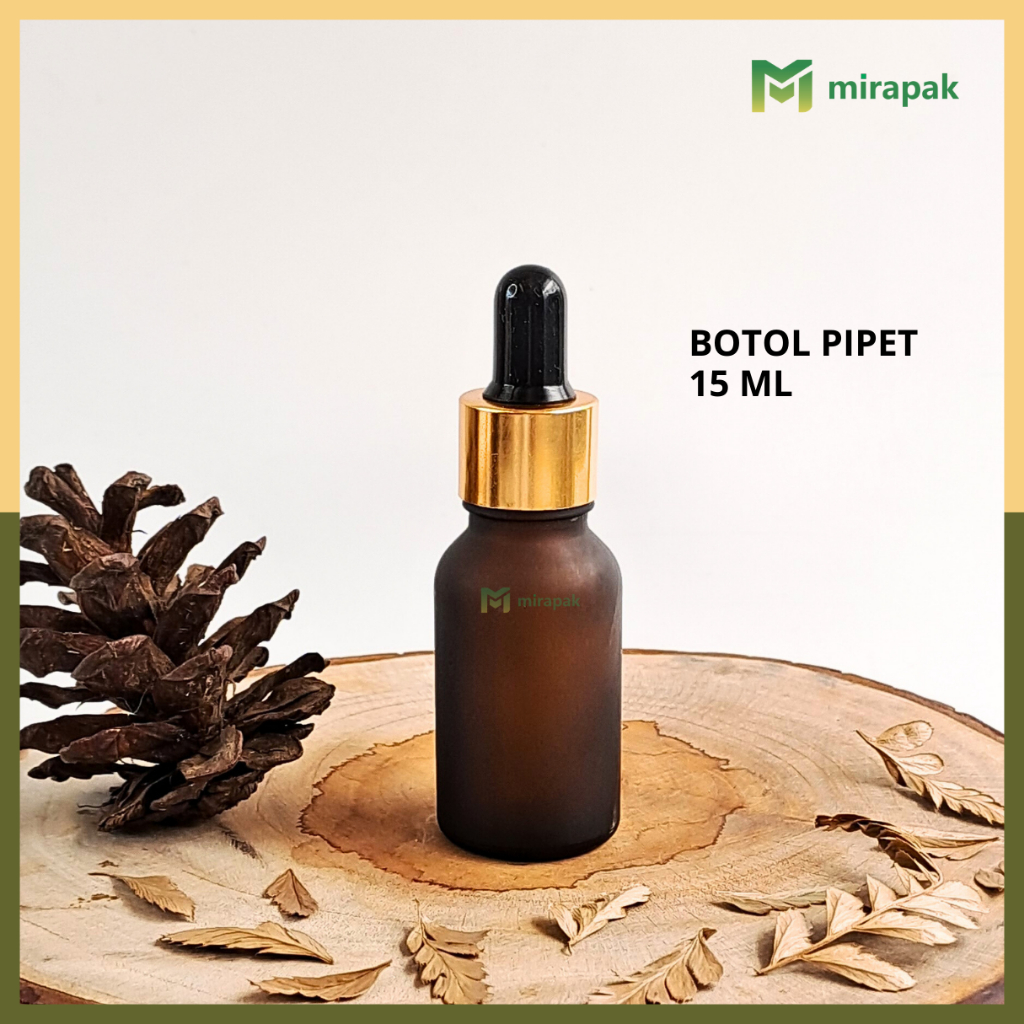 BOTOL PIPET 15ML COKLAT DOF FROSTED KACA TEBAL - RING GOLD KARET HITAM - SERUM KOSMETIK SKINCARE - R