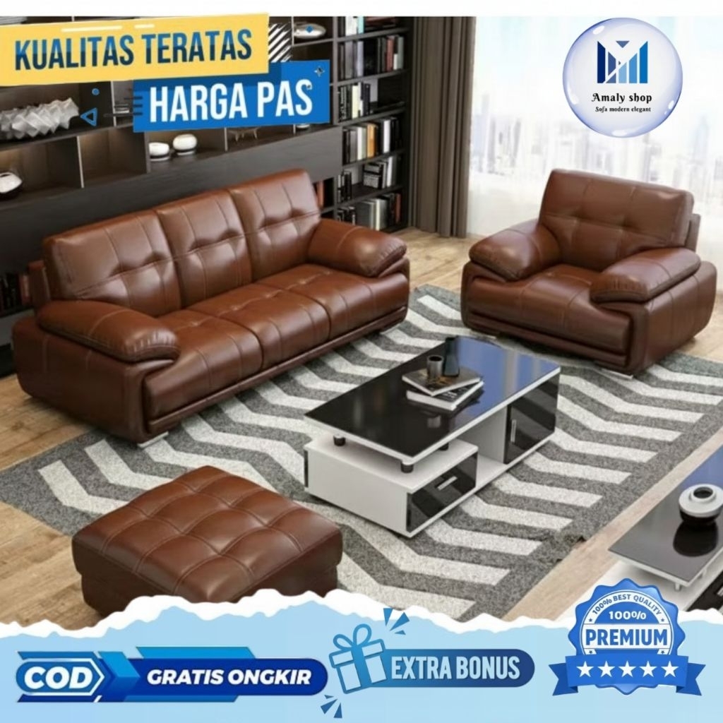 Sofa Kulit 31+Stool Kursi Tamu Minimalis Mewah Gaya Amerika Kursi Retro Jati