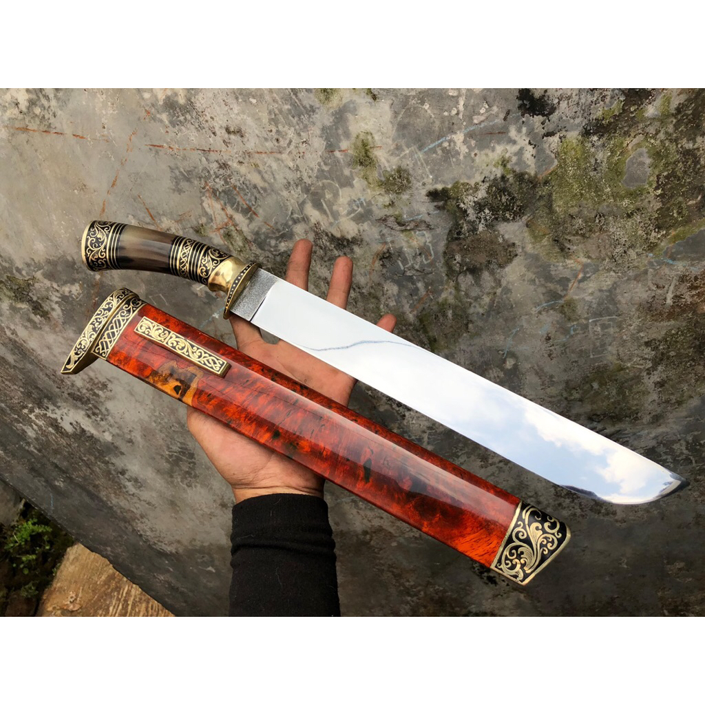 Pisau Sembelih Baja BOHLER N690 30cm 59 HRC Tajam - Sarung Kayu BURL, Gagang Tanduk, Fulltan di Pin