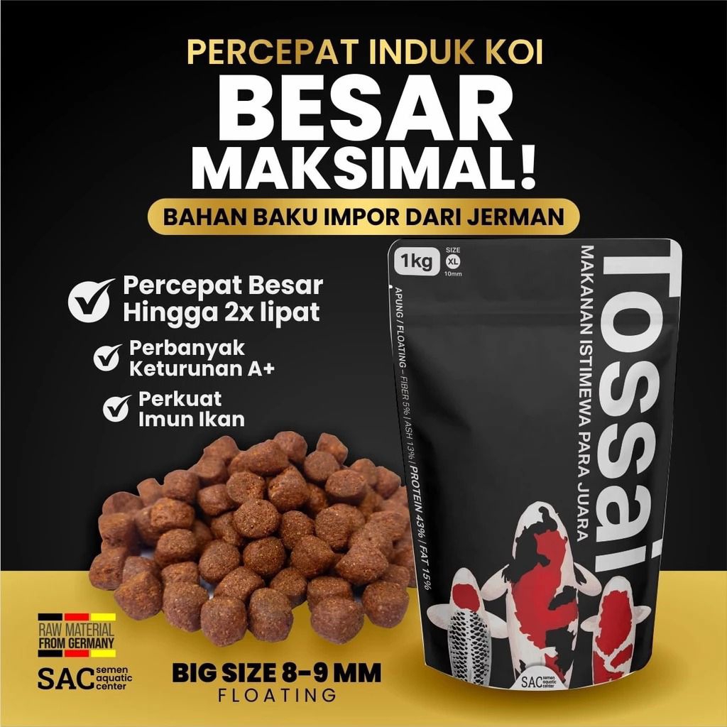 Pelet Ikan Indukan KOI [ PREMIUM ] | TOSSAI - 1 Kg | Pembesaran Growth Koi 8mm - 9mm
