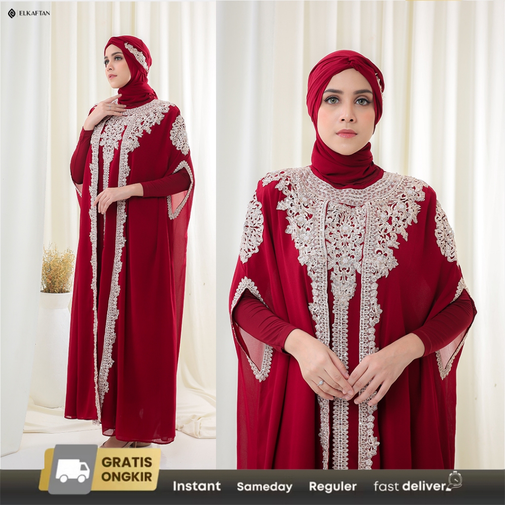 Elkaftan - Celline Baju Abaya Kaftan Modern Premium Simple Elegan Set Pashmina Turban Muslim Wanita