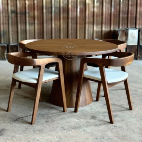 set meja makan bulat minimalis kayu jati, meja makan 4 kursi kayu jati, meja makan murah kayu jati