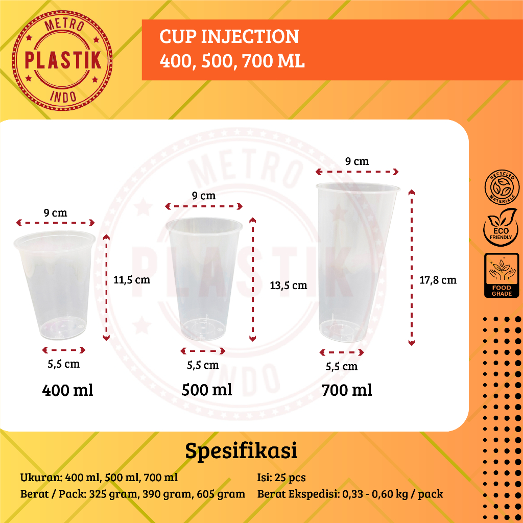 Cup PP Injection 500ml 16oz @25 pcs/ Gelas Plastik Bobba ( Cup+Lid+Stopper)