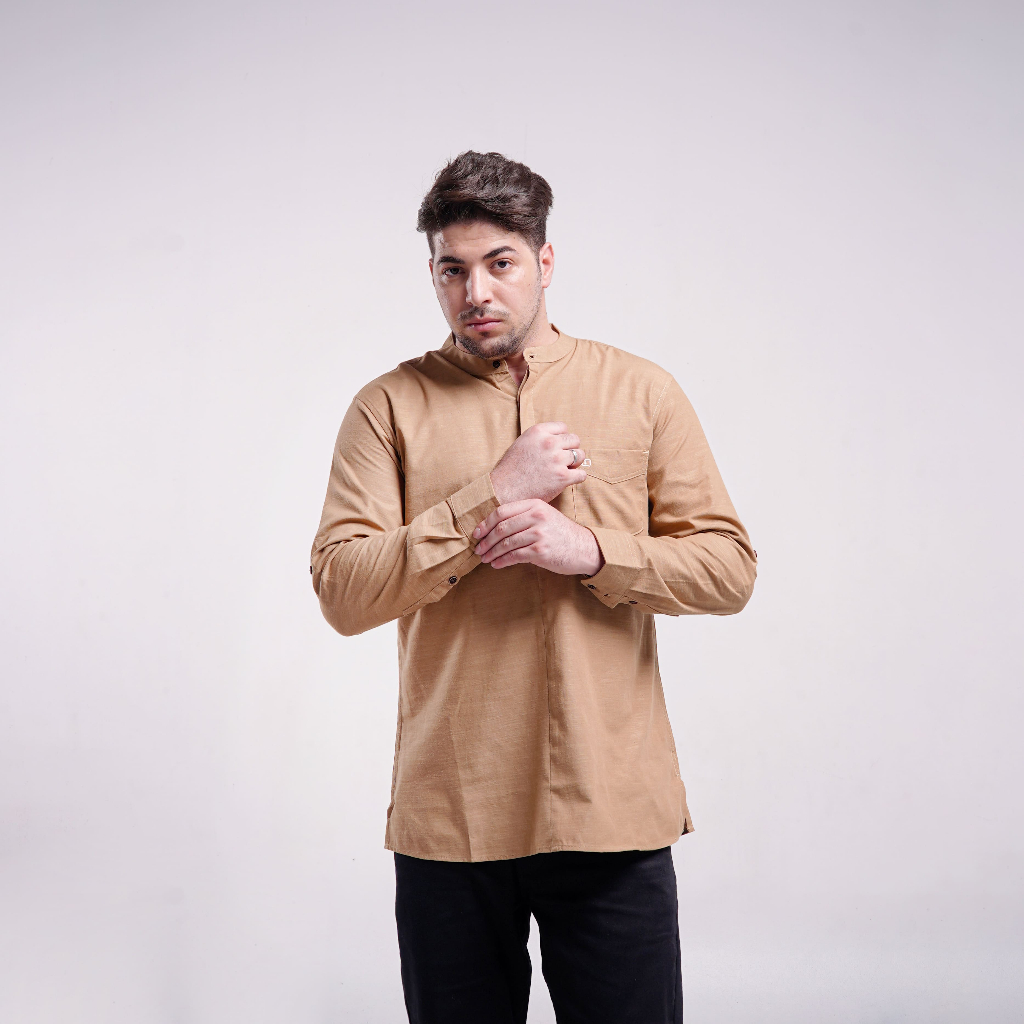 LUQMAN HAKIM - Kemko Hizam Beige - Kemeja Koko pria Muslim Lengan Panjang Bahan Katun Oxford Premium